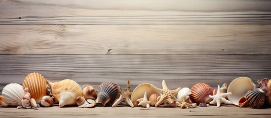 Seashells and driftwood arranged on a wooden table creating a visually appealing copy space image - obrazy, fototapety, plakaty