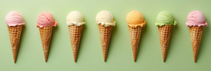 Colorful ice cream in waffle cones on green background, top view