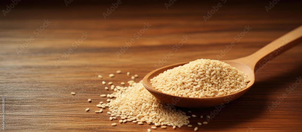 Canvas Prints A wooden table serves as the backdrop for a copy space image featuring a spoonful of natural sesame seeds