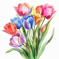Obraz na płótnie Canvas Watercolor painting of a cluster of vibrant tulips bursting into bloom, on isolated white background, Generative AI
