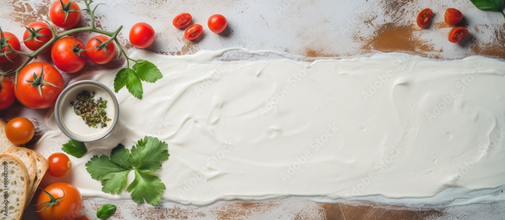 Poster on a gray table there is a flat lay with pieces of baguette topped with delectable cream cheese and 