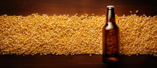 A top down view of a bottle of beer and grain with copy space image