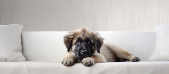 A young Leonberger pup resting on a pristine white couch creating a perfect copy space image
