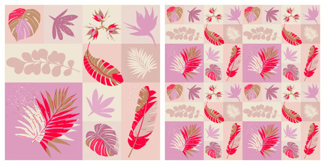 Seamless geometric pattern with tropical plants. Modern style summer background.