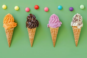 Colorful ice cream in waffle cones on green background, top view
