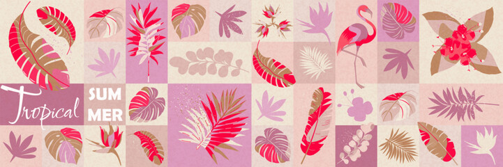 Tropical summers. Banner with exotic flowers and leaves in a modern style.