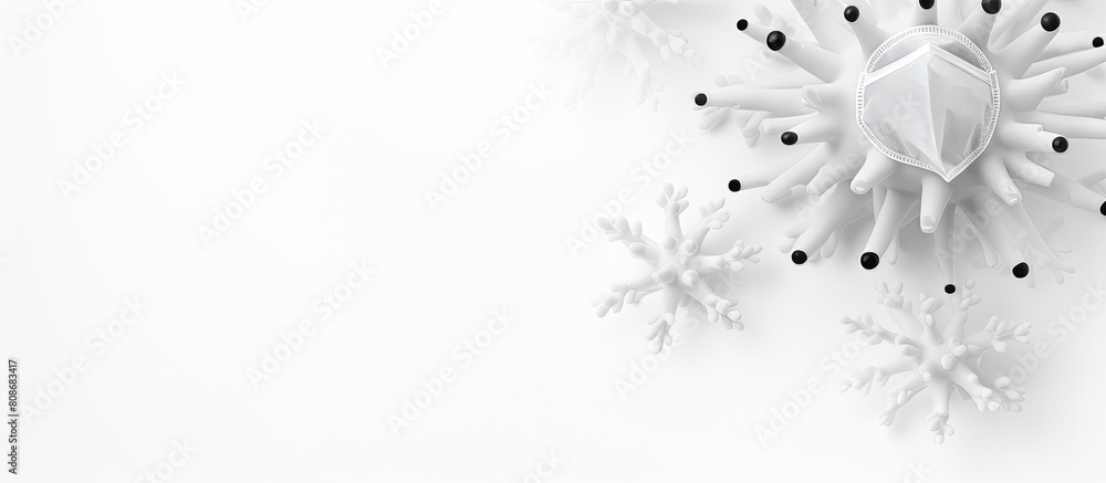 Poster top view of a white background with a medical face mask and vaccine for flu prevention offering spac