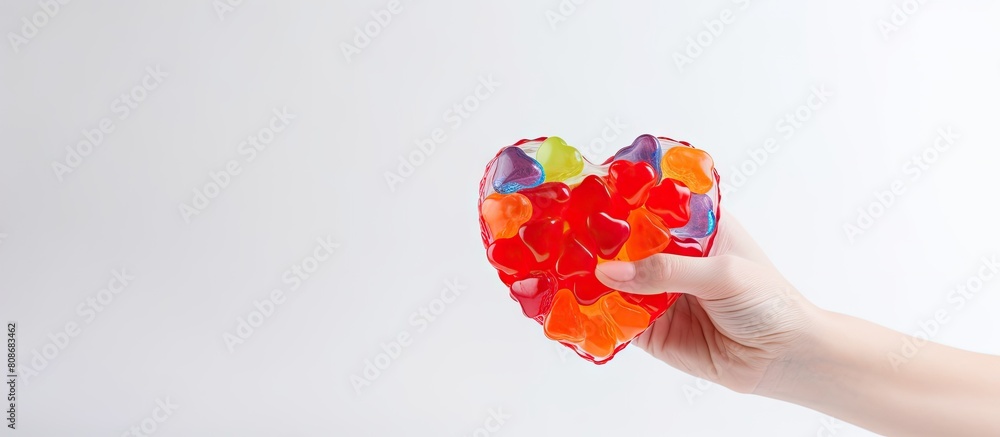 Poster a heart shaped candy meticulously crafted by hand is held in a hand against a pure white backdrop th