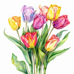 Obraz premium Watercolor painting of a cluster of vibrant tulips bursting into bloom, on isolated white background, Generative AI
