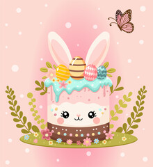 A cute cartoon illustration of a cake with bunny ears and Easter eggs, on a pink bokeh background with a butterfly, representing Easter celebration. Vector illustration
