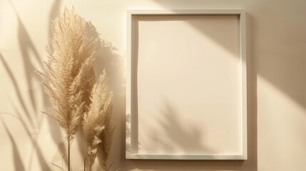 Blank photo frame and dried pampas grass on beige pastel background with trendy shadow and sunlight. Photo card with space for your logo or text. Flat lay, top view.