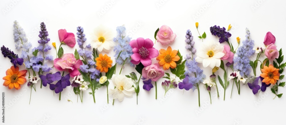 Poster a flat lay copy space image featuring a composition of flowers captured from a top view against a wh