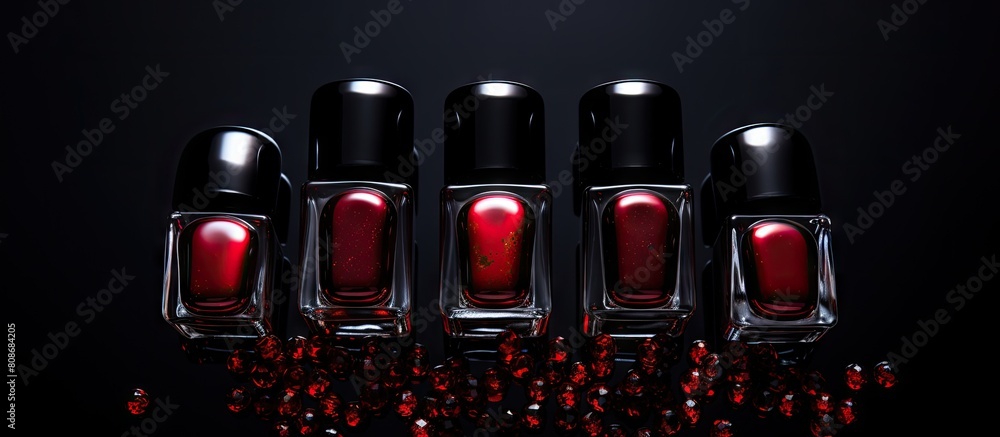 Aufkleber a top view of nail art and manicure concept on a black background with three open bottles and metall