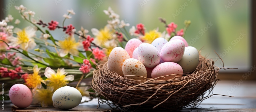 Aufkleber copy space image of a beautiful spring themed arrangement featuring colorful easter eggs nestled in 