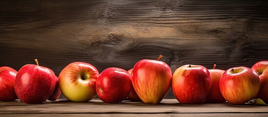 Copy space image of fresh apples placed on a rustic wooden backdrop