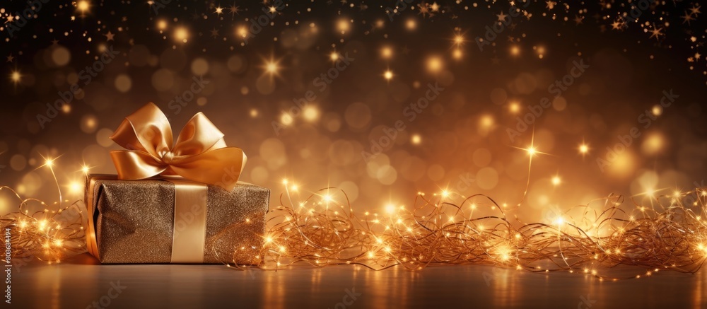 Poster an enchanting advent christmas background adorned with shimmering stars and a delightful ribbon perf