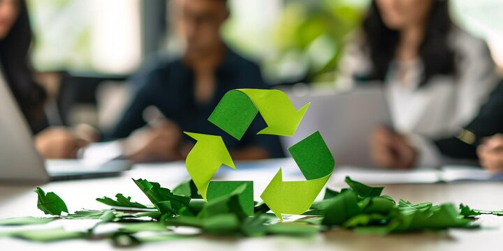 A team of professionals strategizing and conversing about a sustainability policy with the recycle reduce reuse symbol in a conference room. A progressive environmentally conscious organization