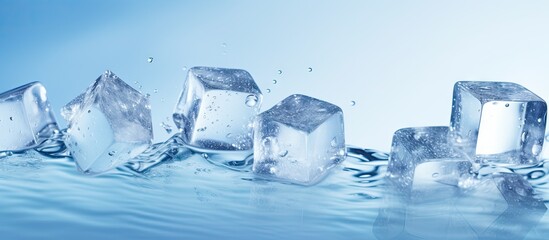 Light blue background with translucent ice cubes and a water drop providing copy space image