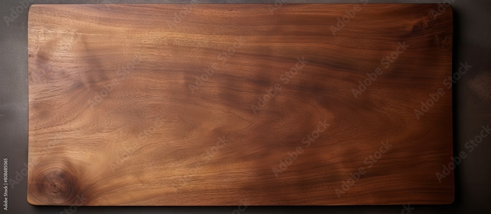 Poster handcrafted walnut cutting board displayed on a linen surface with ample copy space for images