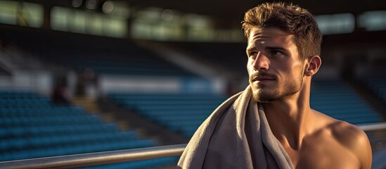 Fitness man in profile portrait with a towel on his shoulders relaxing after a morning workout at the stadium The image captures a young man enjoying some post training downtime. Copy space image