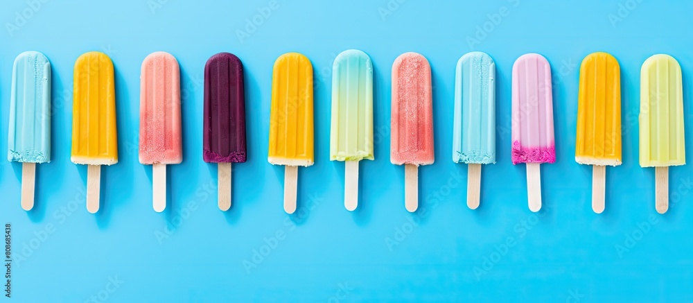 Poster top view of a bright blue background adorned with a vibrant pop art pattern of colorful ice cream po
