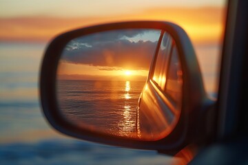 Sunset reflected in a cars side mirror, showcasing a stunning ocean view