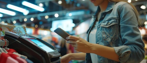 The woman at the counter is buying clothes at a clothing store and paying with her smartphone through a contactless NFC terminal. It is in a department store, shopping center, mall and she is paying