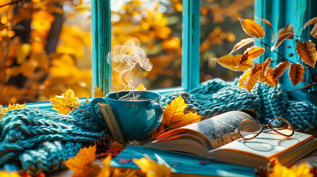 Cozy Autumn Setting with a Book and Hot Drink, Vintage Mug on a Rustic Wooden Table, Fall Relaxation