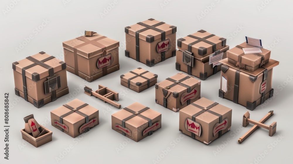 Poster the cardboard boxes are rendered in 3d isolation on a white background with fragile and arrow up sig