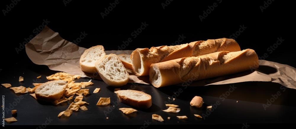 Poster on a black background there is a cut up cereal baguette placed on parchment paper leaving a copy spa
