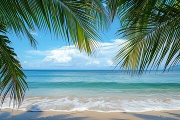 Clear blue sea and sky from a sandy beach, framed by green palm leaves