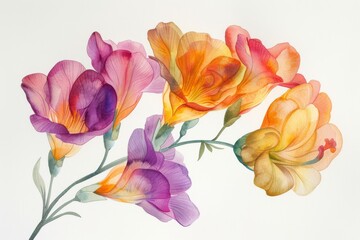 With delicate precision, the Freesia flower emerges in watercolor, its slender stems adorned with fragrant blossoms in hues of white, pink, and purple, evoking a sense of freshness and purity.