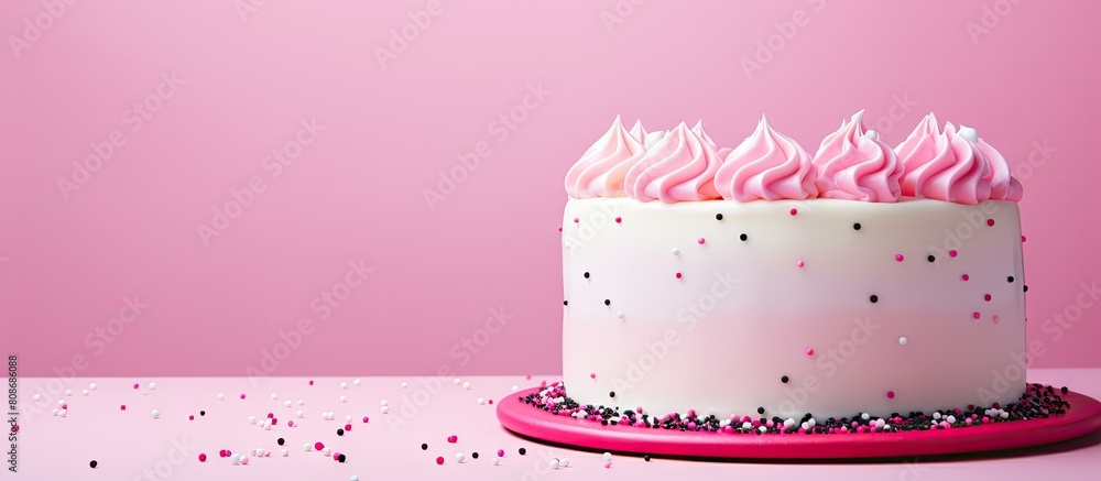 Aufkleber a vibrant birthday cake adorned with sprinkles stands on a pink backdrop leaving plenty of space for