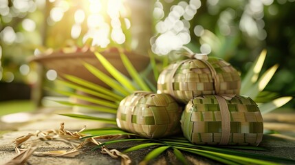 The art of making ketupat with different shapes using young coconut leaves isolated on a bokeh background