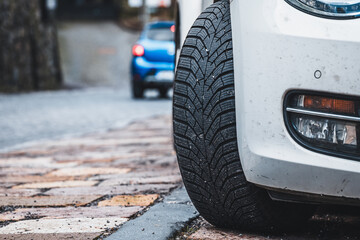 Winter tyre close up. Car wheel with winter tyre.