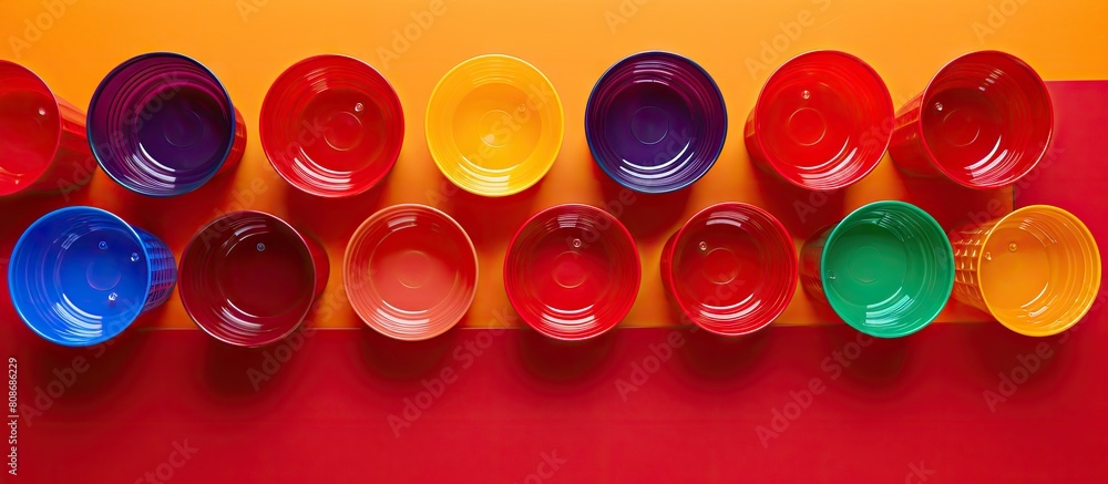 Aufkleber a vibrant and lively flat lay featuring a collection of brightly colored plastic cups arranged on a 