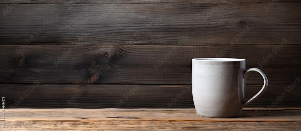 Aufkleber a tea cup in a stylish shade of ultimate gray is placed on a rustic wooden background creating a vis