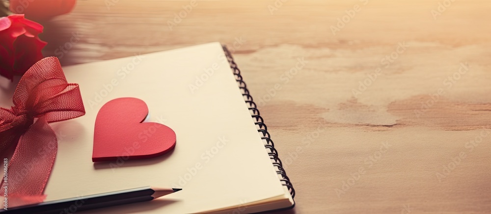 Poster on valentine s day a heart shaped pencil is sketched in a notebook accompanied by a red bow copy spa