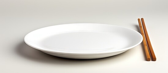 A white plate holds bamboo chopsticks in front of a white background leaving plenty of room for copy space image