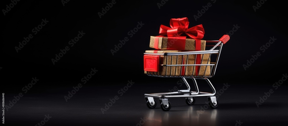 Poster a red gift box is placed inside a shopping trolley which is captured against a black background leav