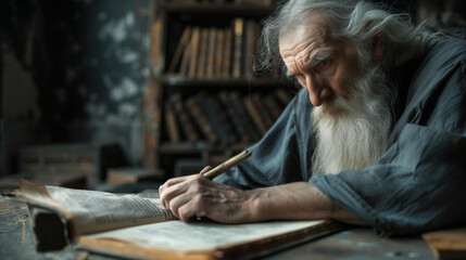 An elderly bearded man in a dimly-lit library writing.
