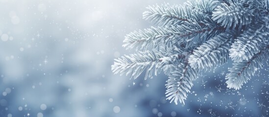 Snowy pine tree in a Christmas scene with frost covered fir branches creating a winter wonderland A...