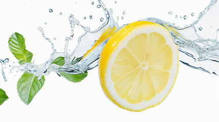 Citron, éclaboussure d'eau citronnée isolée sur fond blanc et feuillage de menthe volant 