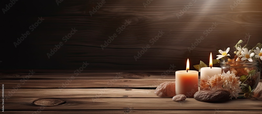 Poster a stunning composition of a spa on a wooden backdrop with ample copy space in the image