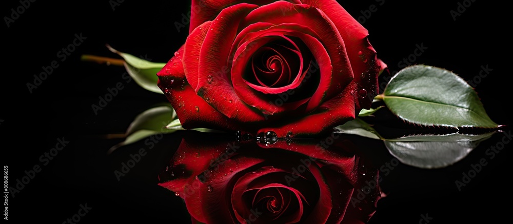 Poster an exquisite red rose stands out on a striking black backdrop with a captivating reflection adding d