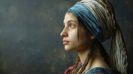 A young woman in a headscarf gazing thoughtfully to the side.