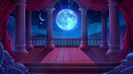This modern cartoon illustration of a night seascape with a full moon background decoration is ideal for school plays, opera performances, and music concerts.
