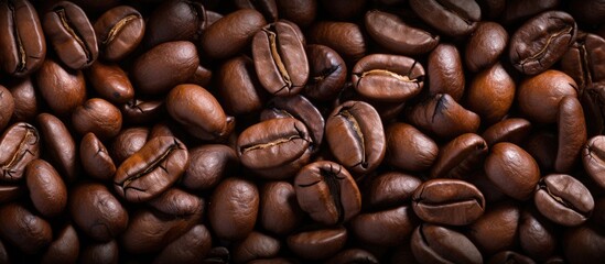 Top view of a background consisting of dark roast coffee beans with copy space image