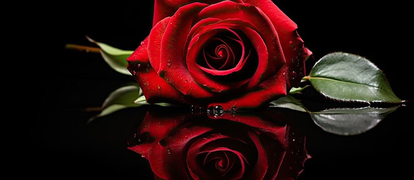 An exquisite red rose stands out on a striking black backdrop with a captivating reflection adding depth to the image Copy space is available for additional elements - Powered by Adobe