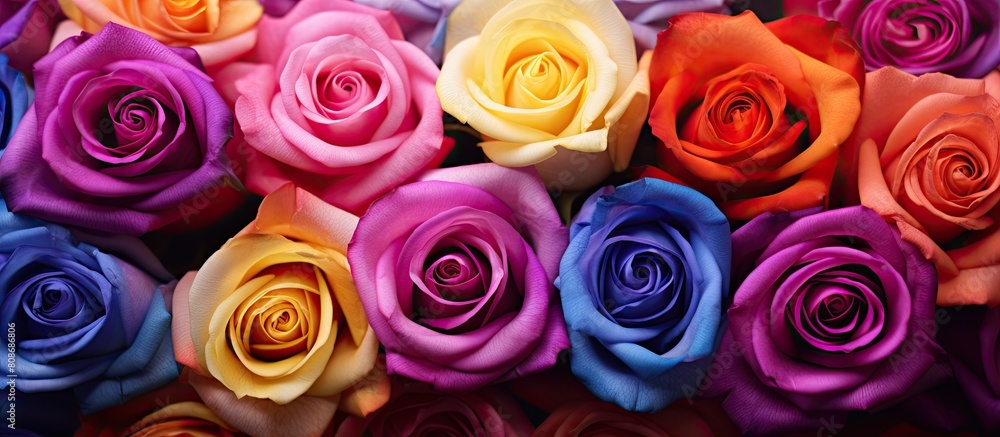 Poster vibrant roses in full bloom with fresh and lively colors. copy space image. place for adding text an